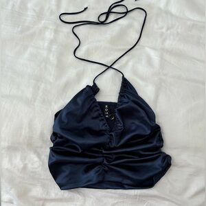 Navy blue shiny halter top